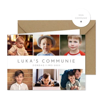 Eenvoudige uitnodiging communie met fotocollage met 6 foto's
